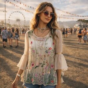 Lola sheer top S/M floral needle point hi/low flutter 3/4 sleeve festival boho